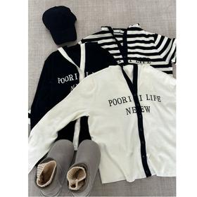 2024新品  蕾蕾同款【条纹变奏】法式胸前字母连帽单排扣开衫针织上衣