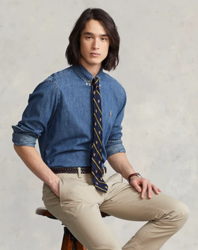 单品包邮现货 THS-无  RL马球 源厂尖尾PRL蓝染磨洗ClassicFit彩马牛仔衬衣男女 AG1300