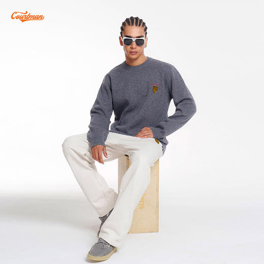 COURTMAN野球帝 美式复古篮球梦灰色毛衣圆领套头上衣宽松针织衫 商品图1