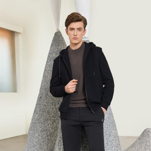 半身缘男装 冬季羊毛莫代尔加棉针织提花休闲连帽254112M01312969 商品图1