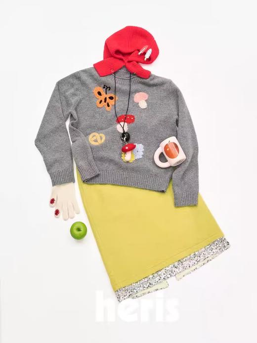 heris/H44116/芥黄色水波纹毛呢 拼接亮片中长半身裙 商品图3