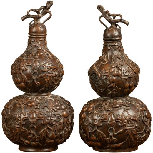 清 沉香木雕福禄万代葫芦形赏瓶（一对） 商品图5