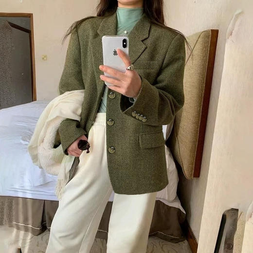 100%羊毛西装外套高质感人字纹复古粗花呢春秋季新款绿色短款女装 商品图1