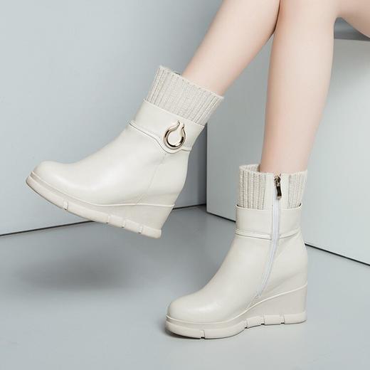 【预售5天】小个子真皮内增高加绒毛线筒短靴平底马丁靴女厚底中筒瘦瘦靴SMQ&728-6 商品图4