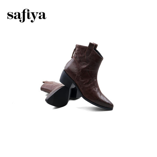 Safiya/索菲娅2024秋冬真皮拉链气质尖头粗跟英伦及踝短筒时装靴 SF44116167 商品图8