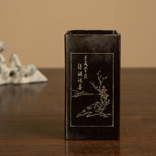 民国 大漆撒银山水诗文笔筒 商品图0