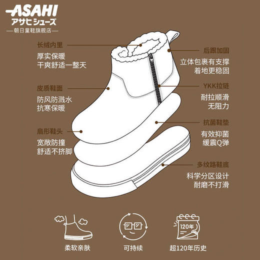 ASAHI朝日儿童秋冬鞋 日式皮靴加绒中帮款 - 黑色/棕色 商品图1