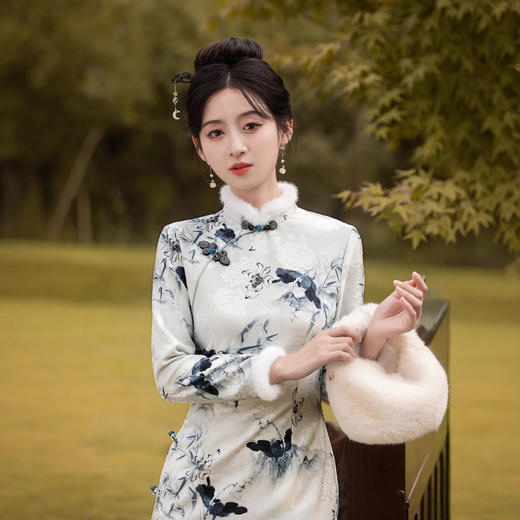 新中式国风水墨花，植绒加厚复古气质显瘦旗袍MLS7087 商品图3