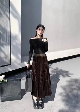 伯妮斯茵 | 轻奢名媛风 亮丝金丝绒百褶裙 高腰中长款大摆裙 秋冬气质显瘦裙 HJ3B60