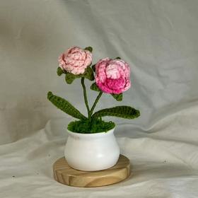 手工钩织 粉色花朵盆栽