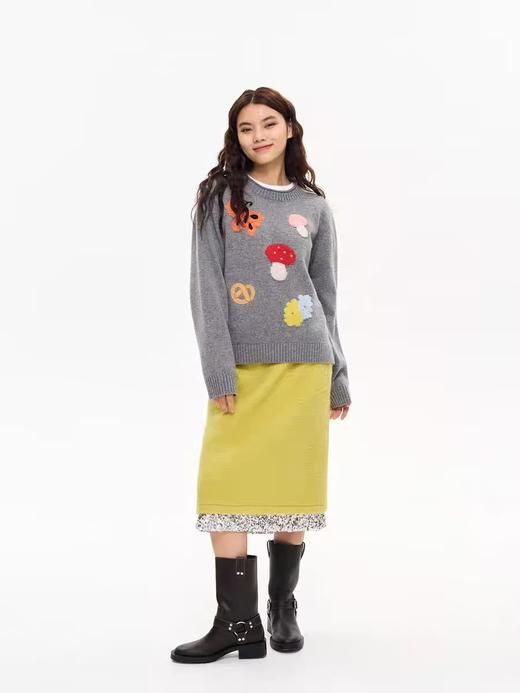 heris/H44116/芥黄色水波纹毛呢 拼接亮片中长半身裙 商品图2