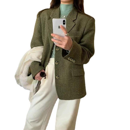 100%羊毛西装外套高质感人字纹复古粗花呢春秋季新款绿色短款女装 商品图4