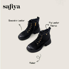 Safiya/索菲娅2024冬季真皮休闲圆头坡跟时尚百搭后拉链短踝靴 SF44116114