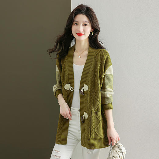 YYJY917 中长款针织开衫女秋装2024年新款时尚牛角扣休闲宽松女士毛衣外套 商品图0