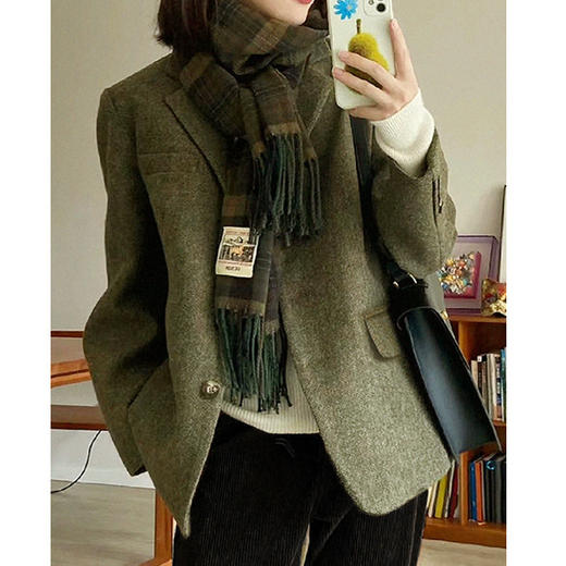 100%羊毛西装外套高质感人字纹复古粗花呢春秋季新款绿色短款女装 商品图3