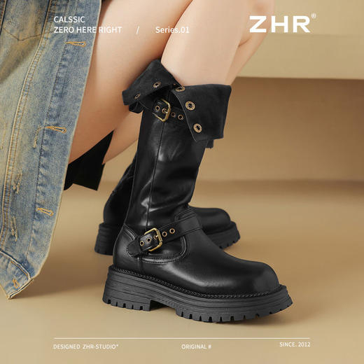 ZHR加绒长筒靴女2024新款冬季欧美风叠穿骑士靴保暖ins高筒瘦瘦靴 商品图7