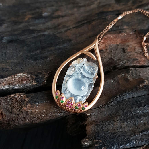 【天然正品】A货翡翠AU750玫瑰金镶天然高冰种佛公造型翡翠（平安、吉祥）吊坠项链32.2*18.7*6.2MM（皆取最大值）女士现售价：4780！151124XY05 商品图3