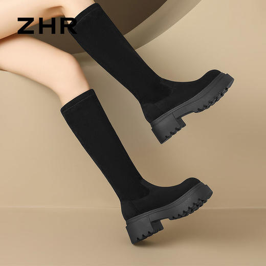 ZHR则则加绒长筒靴女2024秋冬新款厚底弹力瘦瘦靴百搭不过膝长靴 商品图7