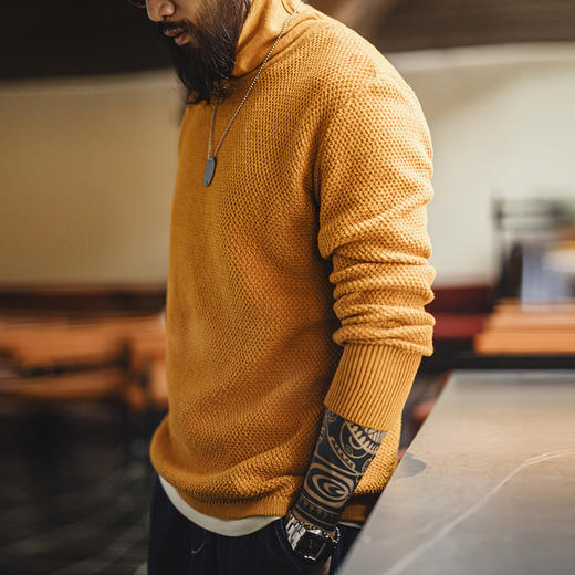 工装优选美式复古半高领菠萝纹毛衣黄色打底套头内搭针织衫男秋冬 商品图0
