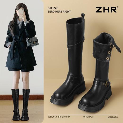 ZHR加绒长筒靴女2024新款冬季欧美风叠穿骑士靴保暖ins高筒瘦瘦靴 商品图1