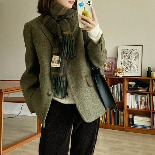 100%羊毛西装外套高质感人字纹复古粗花呢春秋季新款绿色短款女装 商品图0