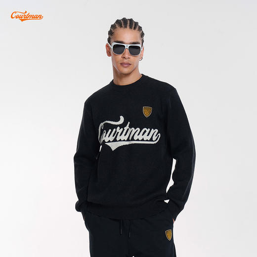 COURTMAN野球帝 美式复古长袖上衣徽章字母圆领毛衣宽松针织衫男 商品图0