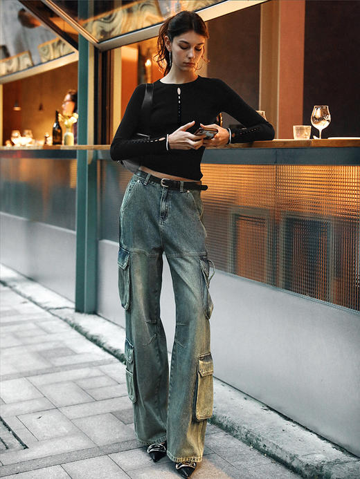 TR她热 锐舞派对 黑色针织拼色镂空弹力设计感辣妹时髦上衣打底衫 商品图4