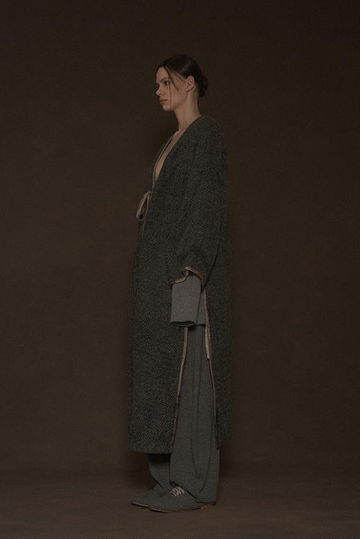 Mutedance 暗雾灰绵羊毛无领系带长外套 商品图5