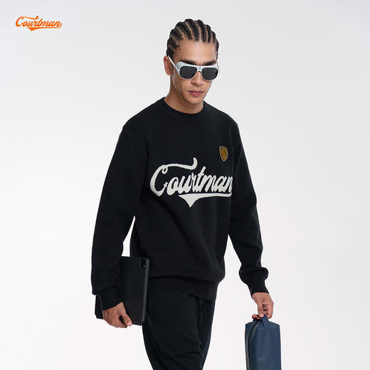 COURTMAN野球帝 美式复古长袖上衣徽章字母圆领毛衣宽松针织衫男 商品图3