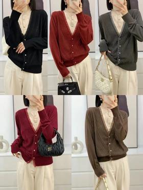 伯妮斯茵 | 复古温柔风  V 领木耳边针织开衫 春秋气质显瘦上衣 HJ3E25