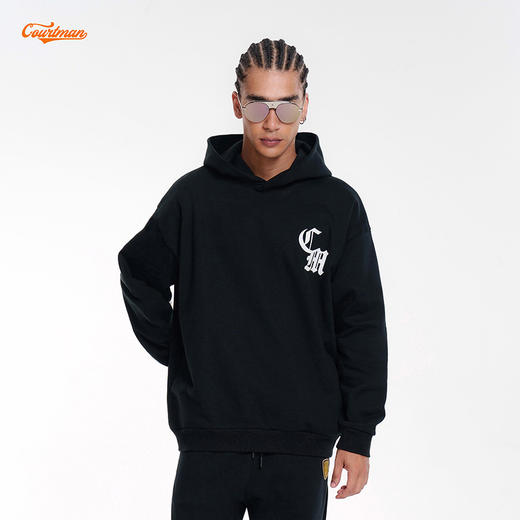 COURTMAN野球帝 美式复古情侣哥特logo印花宽松连帽运动休闲卫衣 商品图4