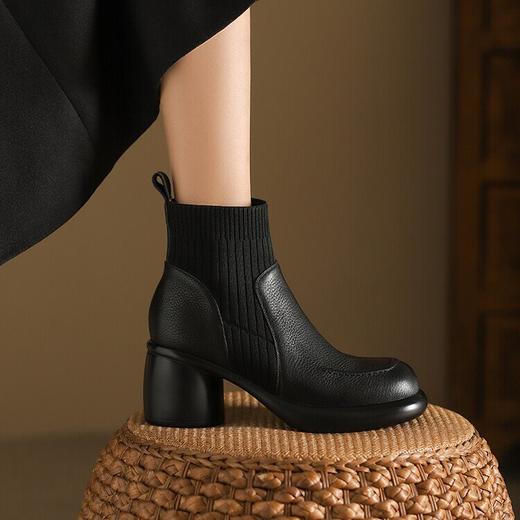 【预售5天】牛皮弹力针织袜筒靴秋冬季新款女靴厚底粗跟显瘦短靴高跟单靴GP&3036 商品图2