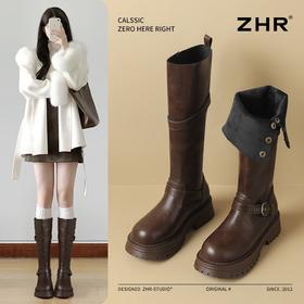 ZHR加绒长筒靴女2024新款冬季欧美风叠穿骑士靴保暖ins高筒瘦瘦靴