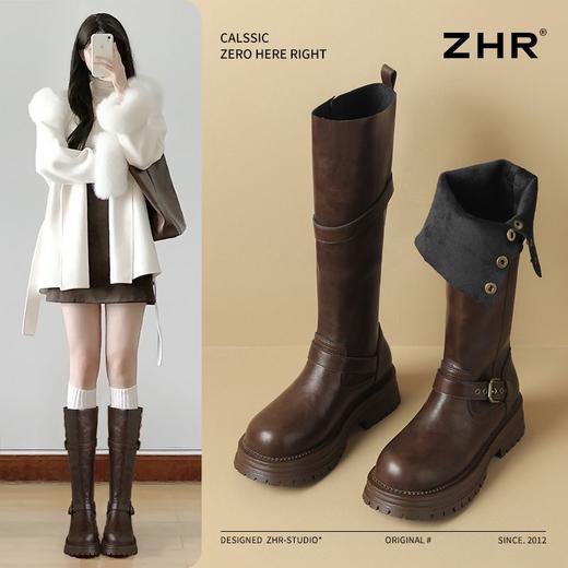 ZHR加绒长筒靴女2024新款冬季欧美风叠穿骑士靴保暖ins高筒瘦瘦靴 商品图0