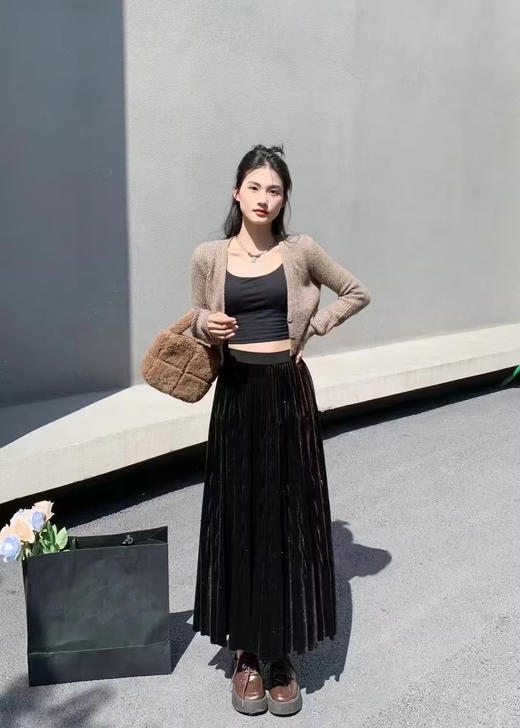 伯妮斯茵 | 轻奢名媛风 亮丝金丝绒百褶裙 高腰中长款大摆裙 秋冬气质显瘦裙 HJ3B60 商品图2