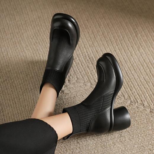 【预售5天】牛皮弹力针织袜筒靴秋冬季新款女靴厚底粗跟显瘦短靴高跟单靴GP&3036 商品图4