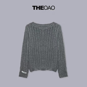 灰色坑条镂空套头衫