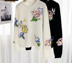 伯妮斯茵 | 复古油画风 黑色彩色花卉提花针织衫 秋冬艺术感百搭上衣 HJ3E22