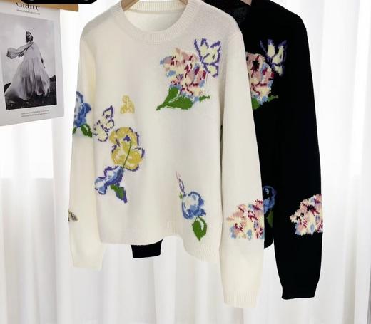 伯妮斯茵 | 复古油画风 黑色彩色花卉提花针织衫 秋冬艺术感百搭上衣 HJ3E22 商品图0