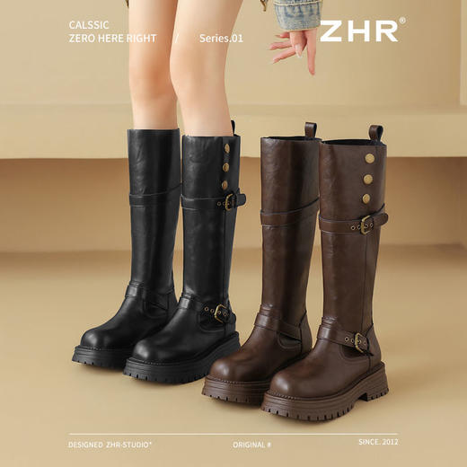 ZHR加绒长筒靴女2024新款冬季欧美风叠穿骑士靴保暖ins高筒瘦瘦靴 商品图5