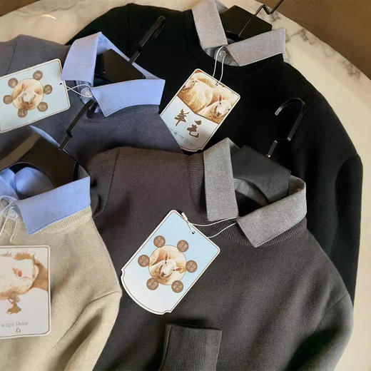 线下699!轻奢线!2024秋冬绵羊毛混纺秋冬翻领假两件毛衣打底针织衫男！ 商品图1