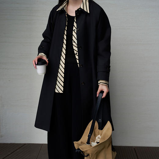 【顺丰包邮】33908 洛诗琳轻奢高级感黑色匹马棉长款翻领风衣女9521 商品图0
