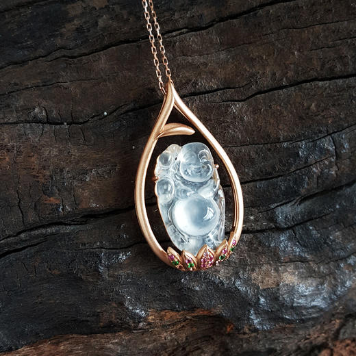 【天然正品】A货翡翠AU750玫瑰金镶天然高冰种佛公造型翡翠（平安、吉祥）吊坠项链32.2*18.7*6.2MM（皆取最大值）女士现售价：4780！151124XY05 商品图6