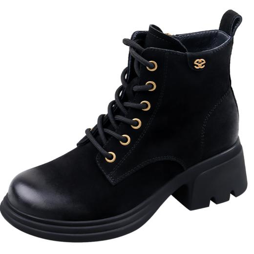 Safiya/索菲娅2024冬季真皮休闲圆头坡跟时尚百搭后拉链短踝靴 SF44116114 商品图4