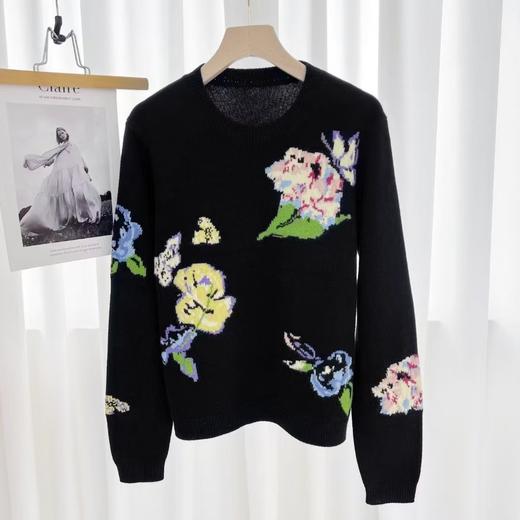 伯妮斯茵 | 复古油画风 黑色彩色花卉提花针织衫 秋冬艺术感百搭上衣 HJ3E22 商品图1