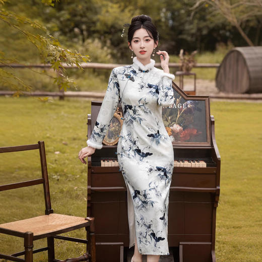 新中式国风水墨花，植绒加厚复古气质显瘦旗袍MLS7087 商品图0