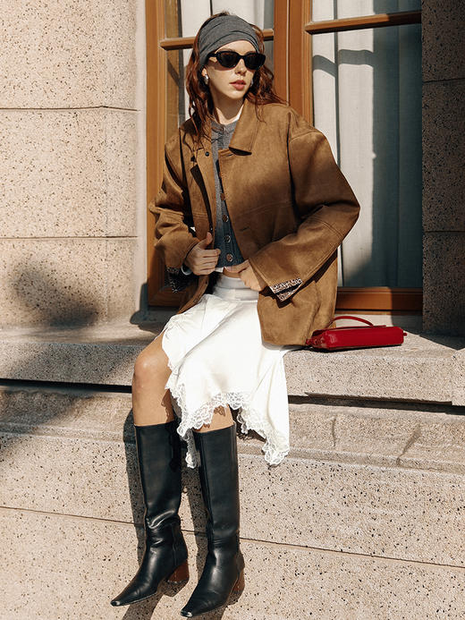 TR她热 豹走女郎 棕色麂皮绒质感拼接豹纹印花叠穿翻领廓形外套 商品图1