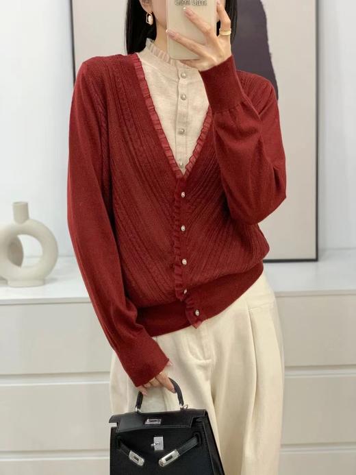 伯妮斯茵 | 复古温柔风  V 领木耳边针织开衫 春秋气质显瘦上衣 HJ3E25 商品图3