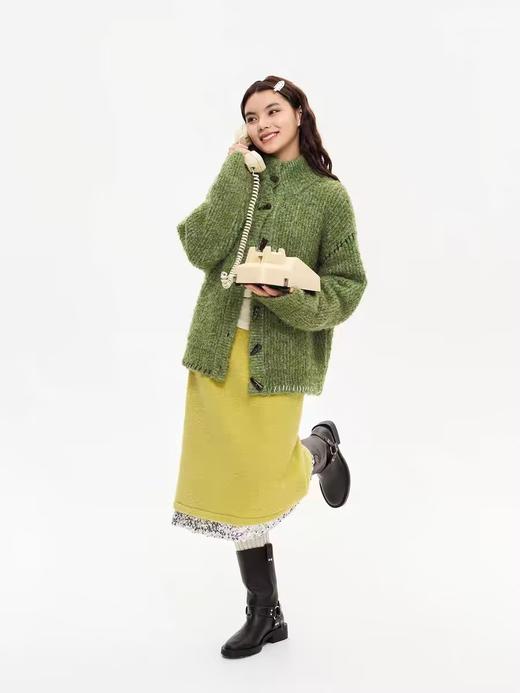 heris/H44116/芥黄色水波纹毛呢 拼接亮片中长半身裙 商品图4