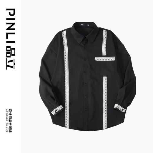 PINLI品立春季新款尖领绣花织带长袖衬衫潮牌时尚休闲男衬衣B243113030 商品图3